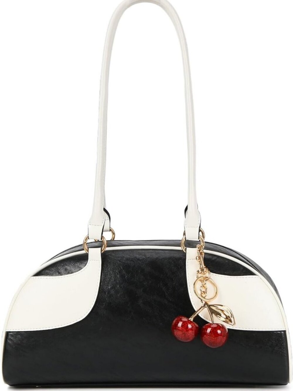 Vintage Y2K Bowler Shoulder Bag, Leather Purse with Cherry Charm, Retro Style